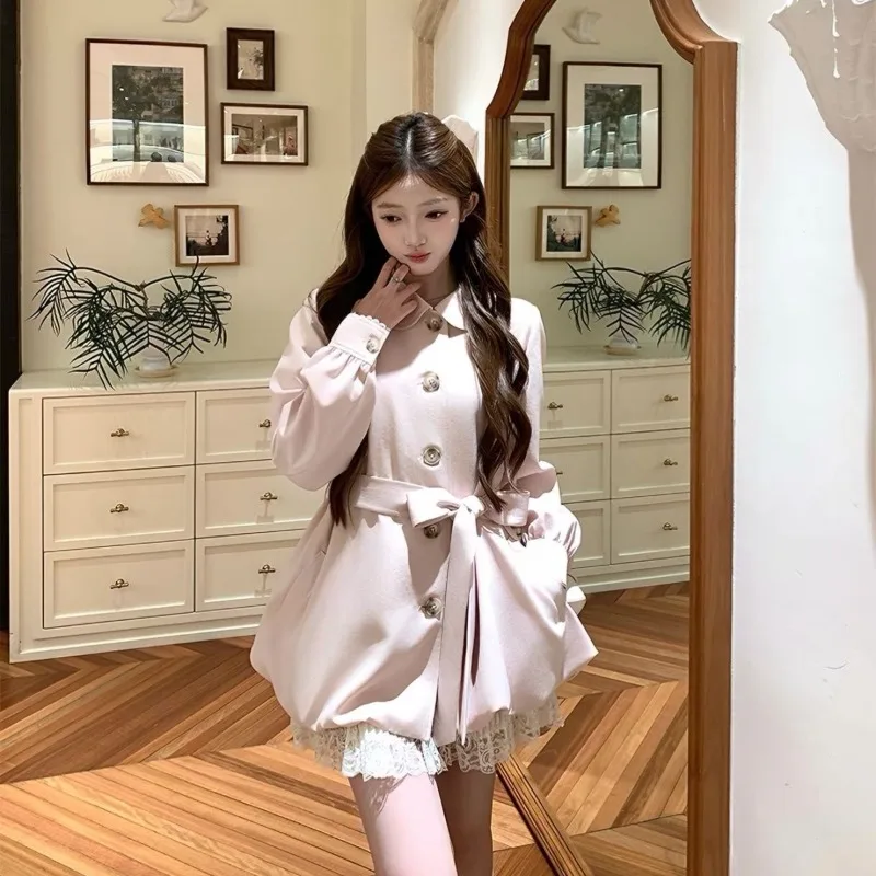 Japanese Sweet Lolita Trench Coat Women Pink Lantern Sleeve Turn Down Collar Slim Jackets Kawaii Mid Long Length Loose Outerwear - view 6