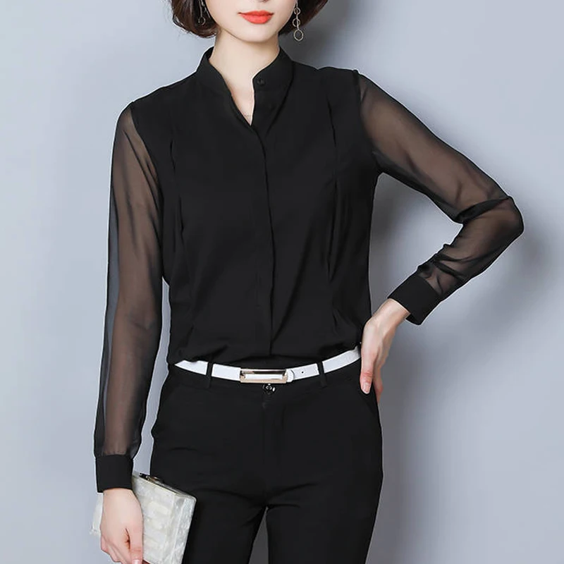 Chemise boutonnée à manches longues pour femmes, chemisiers de trajet simples, col montant élégant, noir transparent, dame de bureau, mode sexy,