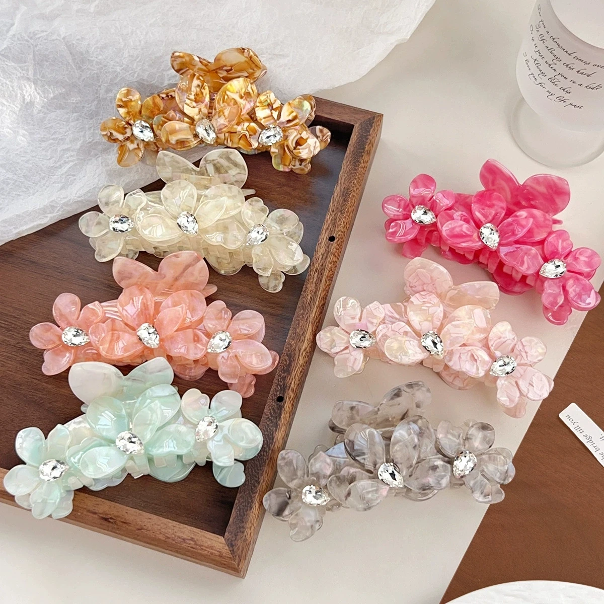 Korean Style New Large Acetate Flower Rhinestone Hair Clip Claw Elegant Sweet Texture Shark Clip for Women