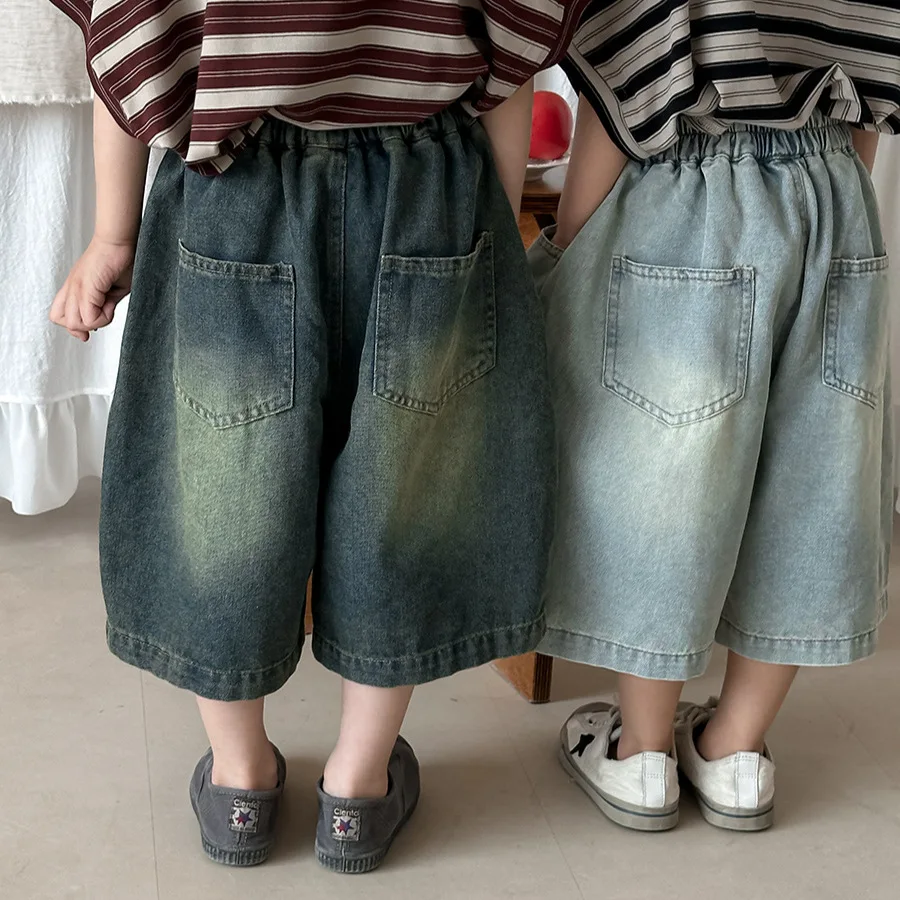 2026 New Unisex Kids Faded Ripped Denim Capri Pants Vintage Wide Leg Loose Breathable Street Style Toddler Daily Casual Bottom