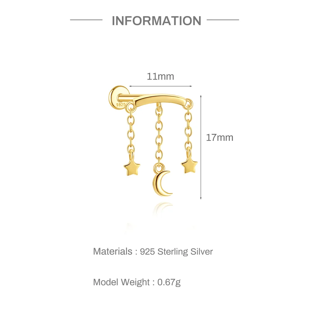 Canner 925 Sterling Silver Tassel Chain Moon Star/Dropwater Stud Earring For Woman 18K Gold INS Daily Piercing Party Jewelry