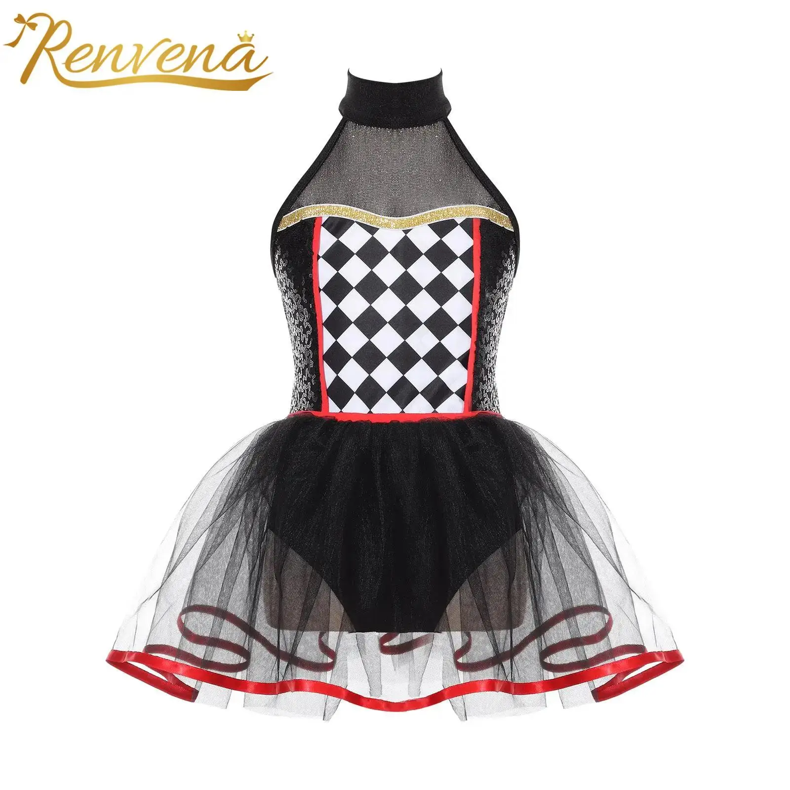 Kids Girls Doll Clown Costume Halter Neck Checkerboard Sequins Tutu Dress for Girl Dancewear Fancy Dress Up Party Dresses