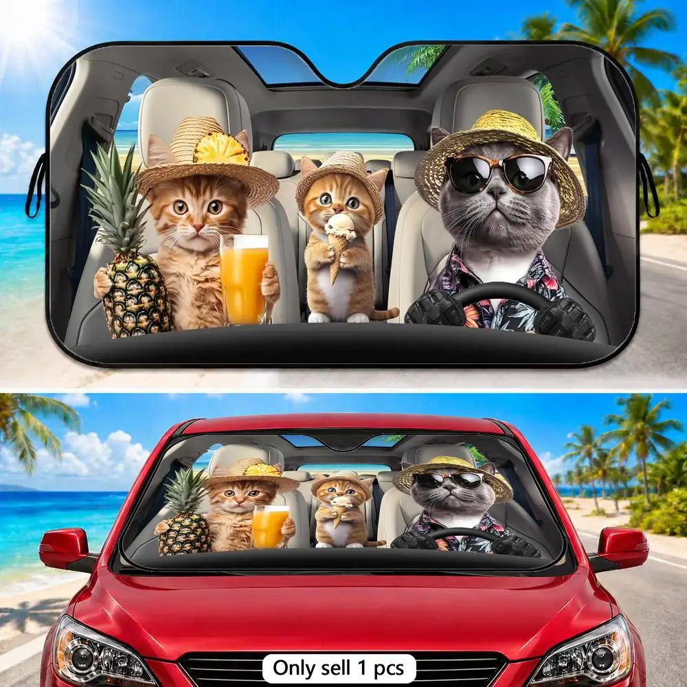 

Cat Driving Car Pattern Sun Visor Reusable Foldable Aluminum Foil Sunshade UV Heat Insulation Cover for Car Front Windshield