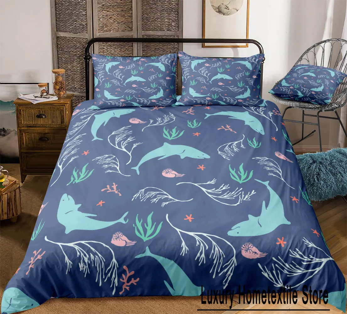 Ocean Duvet Cover Set Blue Whale Bedding Set Sea Animal Bed Linen Striped Beds Set Boys Teens Home Textile Microfiber Bedclothes