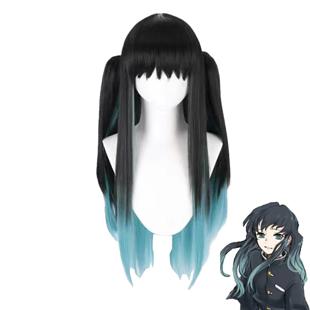 

Anime Cosplay Composite Hair For Demon Slayer: Kimetsu No Yaiba - Black And Blue Gradient 32-Inch Halloween Daily Party Wig