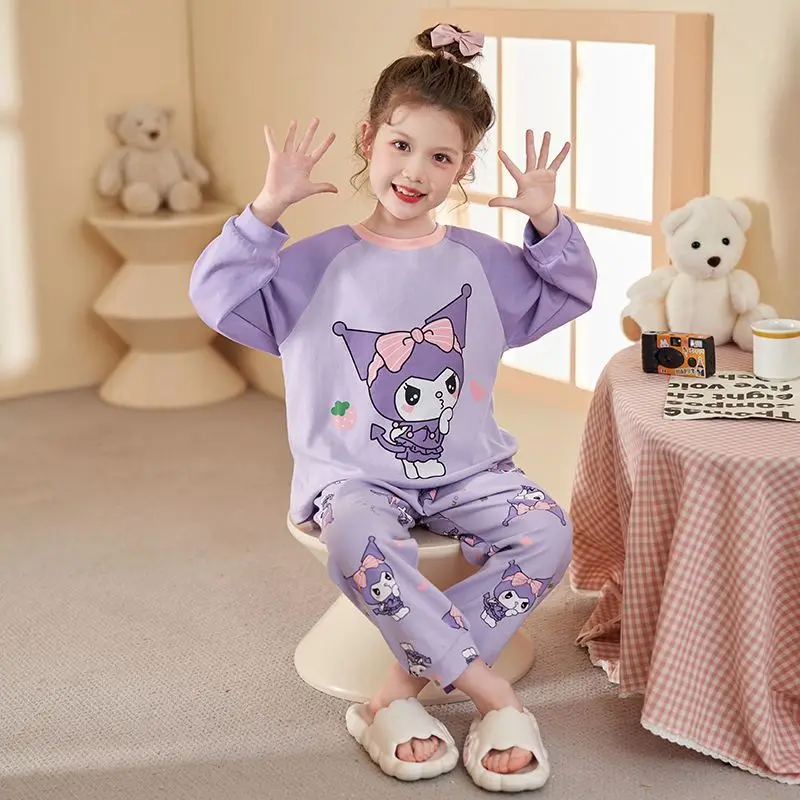 Disney Kuromi Cartoon Schattige Meisjes Lente En Herfst Katoen Zachte, Comfortabele, Ademende En Losse Huiskleding Set Met Lange Mouwen