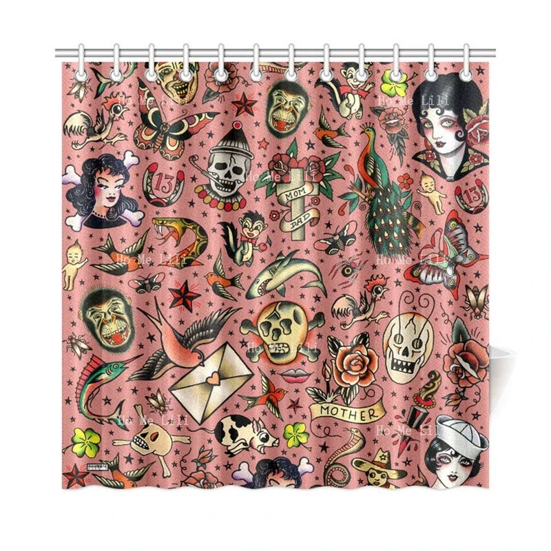 Old School Tattoo Shower Curtain Vintage Flash Novelty Black Or Rose Background Bathroom Decor With Hooks