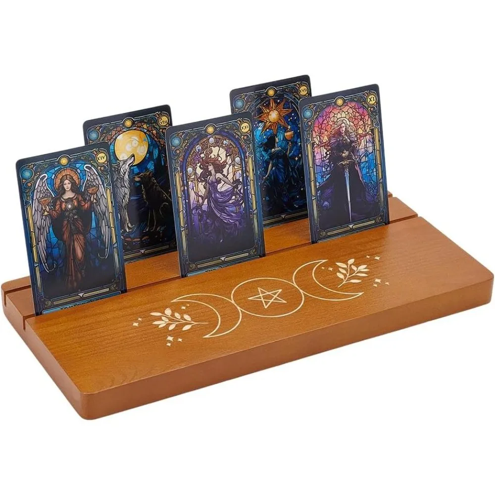 2 Slots Wooden Tarot Card Holder Moon Phase Pattern Card Display Stand Tarot Deck Holder Rectangle Oracle Cards Stand