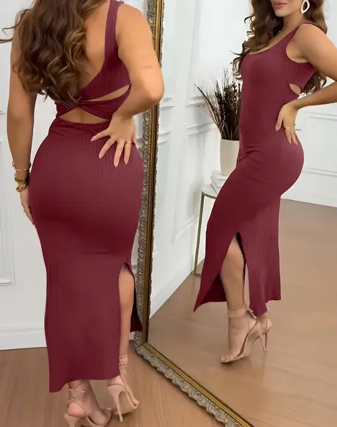 

Women's Dress Summer New Fashionable Sexy Solid Color Simple Round Neck Backless Twisted Design Sleeveless Knitted Dress Dress