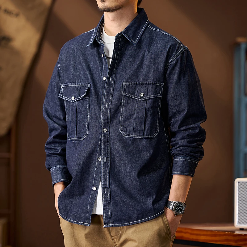 Plus Size Denim Shirt Men American Vintage Multi-Pocket Loose Casual Long Sleeve Cargo Shirt Pure Cotton Jeans Coat