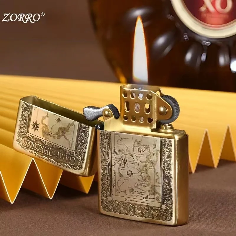 ZORRO Brass Ultra Thin Double sided Carved Windproof Kerosene Lighter Vintage Grinding Wheel Ignition Unusual Lighters Smoking