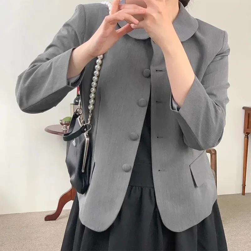 

Шикарный весенний женский костюм Jaet, повседневный костюм из полиэстера, дизайн на одной пуговице, шикарный кукольный воротник