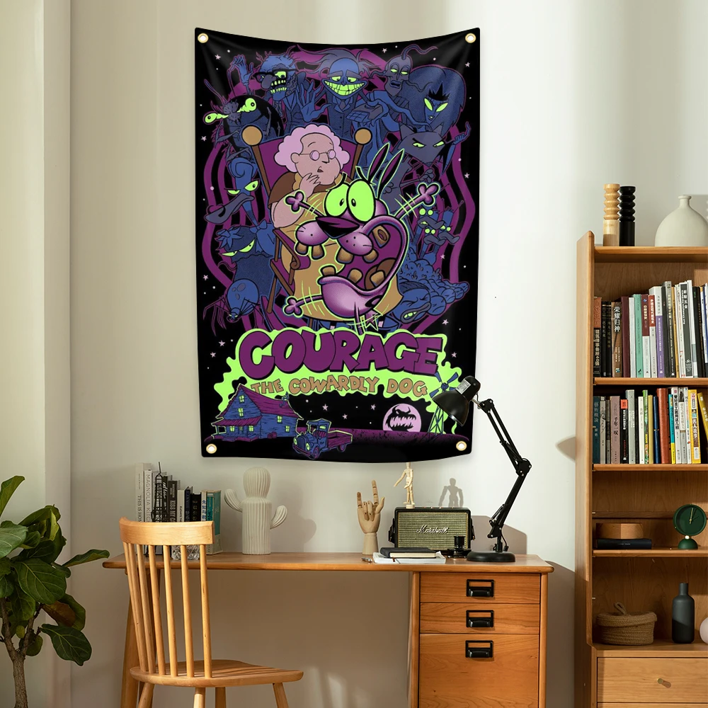 Vintage Courage Dog Flag Polyester Retro Cartoon Network Trippy Tapestry For Garden Yard Outdoor Decor Weird Core Aesthetic