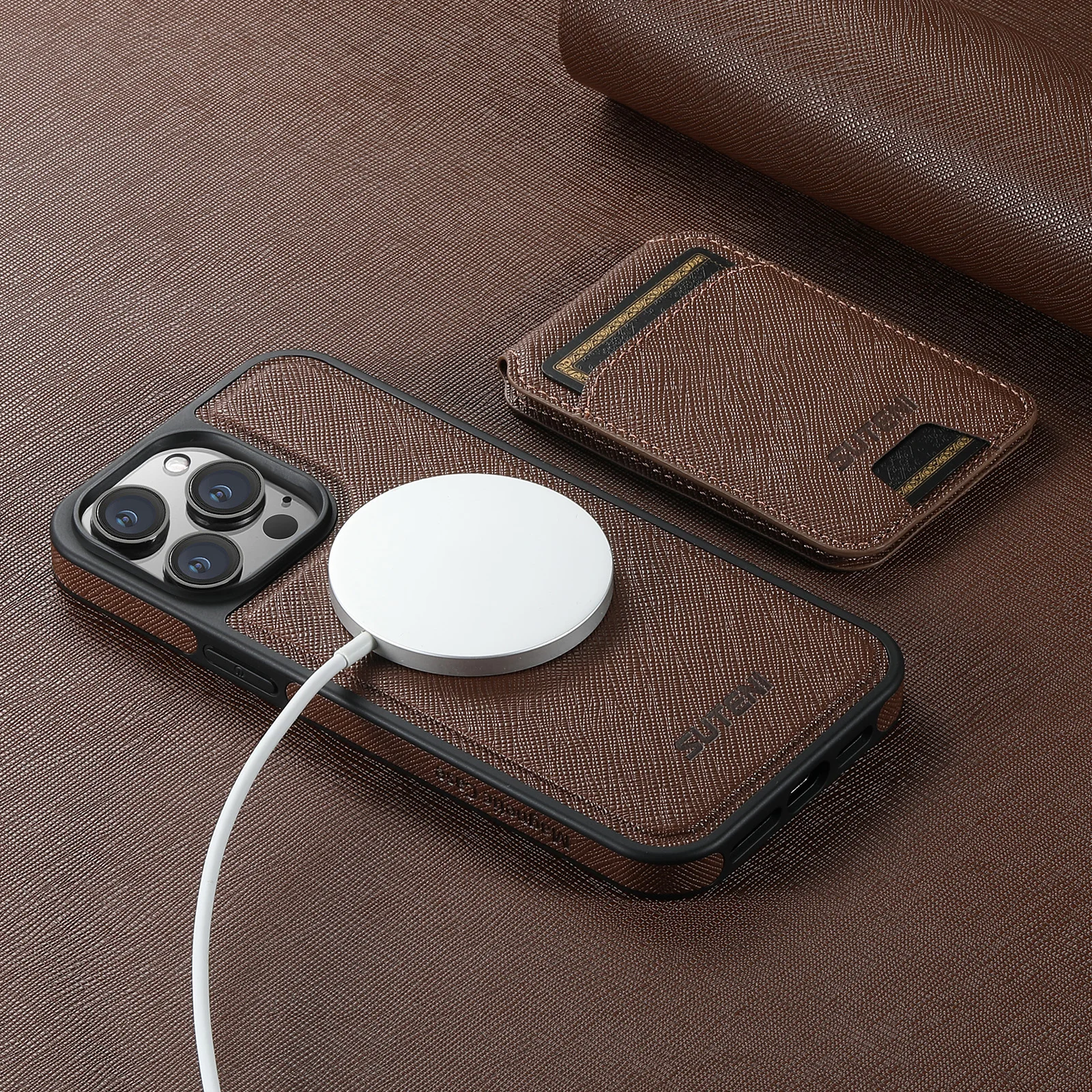 

Роскошный кожаный магнитный держатель для карт SUTENI, кошелек Magsafe, чехол для телефона, флип-чехол для iPhone 16 15 14 13 12 Plus Pro Max