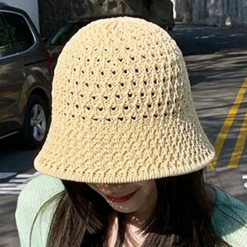 Summer Handmade Crochet Floppy Hats Collapsible Dome Bucket Hat Hollow Out Solid Color Beach Caps Simple Soft Women Hat 2024