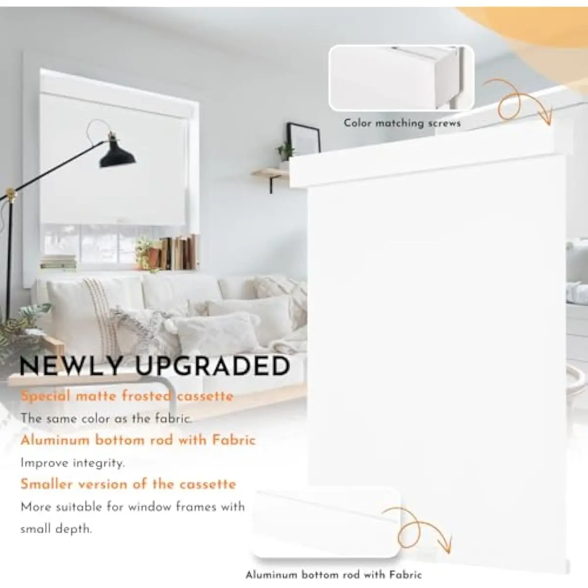 Cordless Blackout Roller Shades with Frosted Aluminum Valance and Fabric-Wrapped Bottom Rail, Thermal Insulation, UV Protection