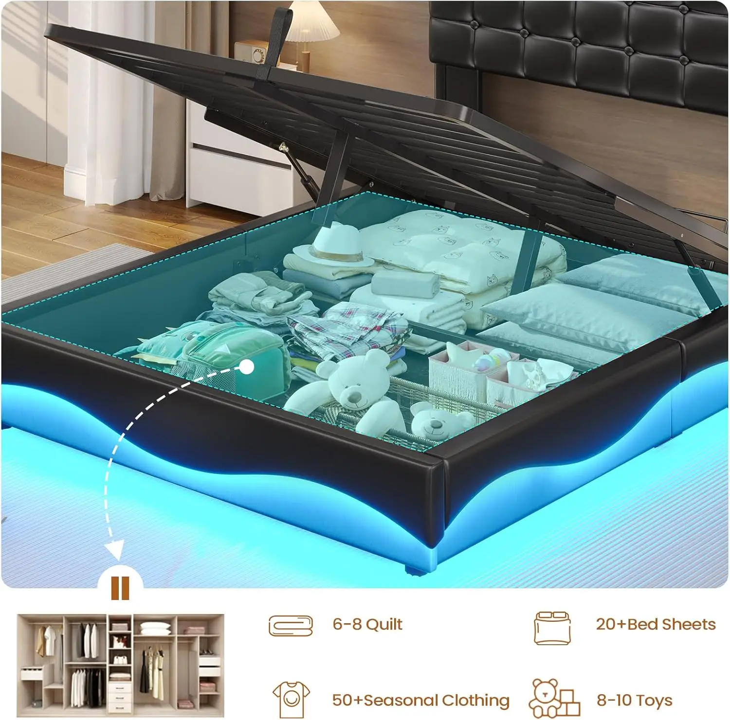 Bed Frame Twin Size W/ Lift Up Storage, Power Outlet & RGB Lights,Upholastered Storage , Twin Boys Bed W/ Heavy Duty Steel Slats