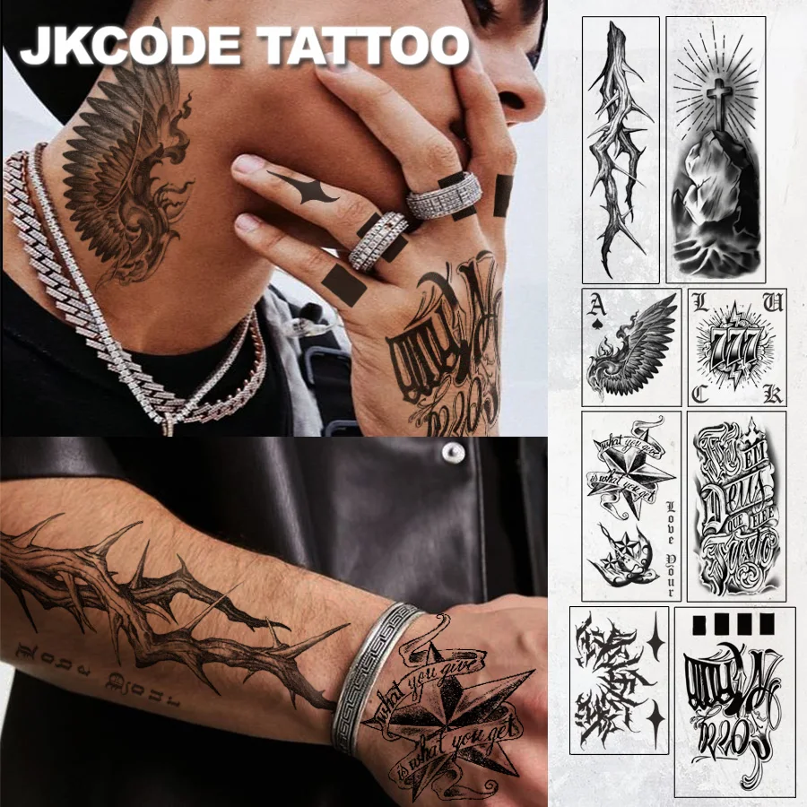 8-Piece Set of Men's Large Arm Tattoo Stickers, Waterproof Realistic Full-Arm Temporary Tattoos, Featuring Graffiti Crosses, Star Shapes, Wings, and Thorn Patterns, Realistic Body Art Designs, Lasts for 5-7 Days