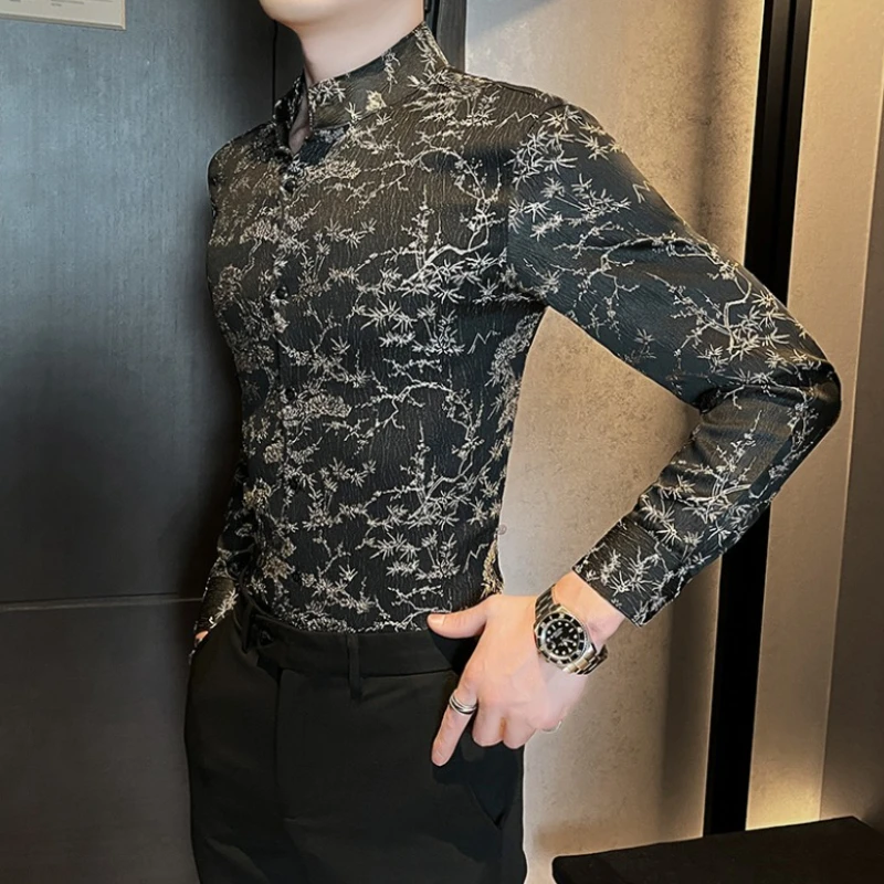 Trend Men's Stand Collar Jacquard Shirt Long Sleeve Casual Business Dress Shirts Street Wear Social Daily Shirts Men Clothing