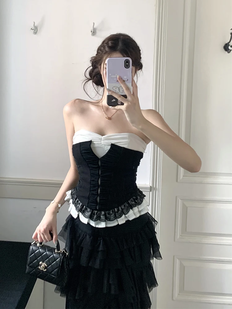 ReddaChic Color Block Strapless Tube Skirt Women Matching Set Vintage Maxi Asymmetric Skirt Lace Trim Crop Top Gothic Costume