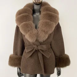 Belt Pocket Winter Jacket Women Loose Outerwear Casual Outerwear Streetwear Natural Real Raccoon Fox Fur Blends Wool Coat