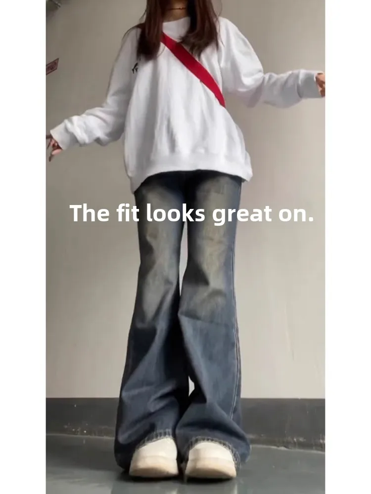 بنطال جينز نسائي أمريكي ريترو هاي ستريت مستقيم الساق واسع الساق تصميم خريفي إحساس أزرق دينم عالي الخصر طويل...