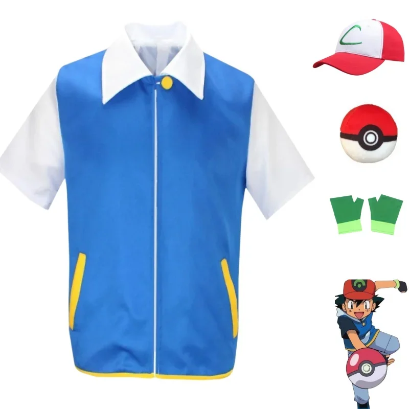 P-PokemonING Go Anime Blue Jacket Cosplay Costume Cartoon Ash Ketchum Trainer Blue Jacket Costume Carnival Boys Girls Party&J1