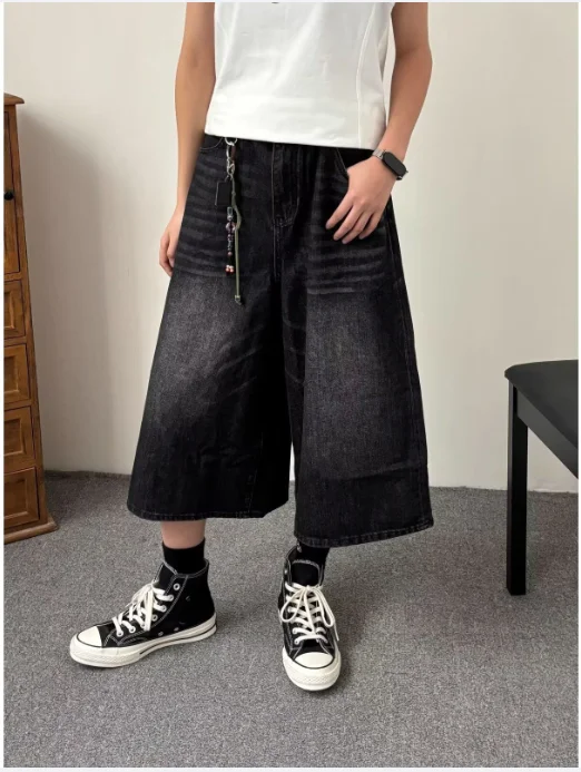 Jeans Biru Retro Celana Pendek Denim Panjang Lutut Lurus Longgar Kumis Pinggang Rendah Dicuci Pria Pakaian Musim Panas Kasual