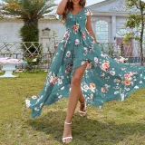 Women Chiffon Floral Print Maxi Dress V‑Neck Ruffle Cap Sleeve High Slit Flowy Long Dress Summer Boho Beach Party Vacation Dress