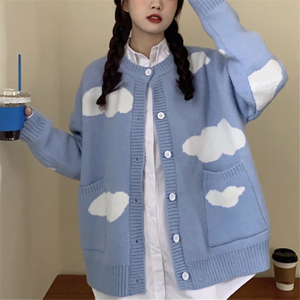 Cloud Blue Women Sweet Cardigan Winter Autumn O-Neck Button Long Sleeve School Girl Preppy Style Knit Coat Streetwear