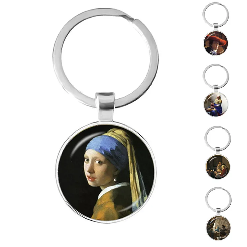 Girl with A Pearl Earring Vermeer's Masterpiece Handmade Glass Dome Keychain Classic Key Ring Jewelry for Women Men