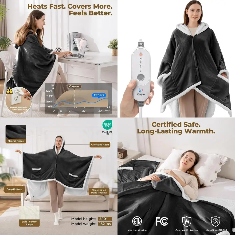 

Electric Heated Blanket with Hooded Shawl, 5 Settings, Auto-Off, Washable, Grey, Unisex