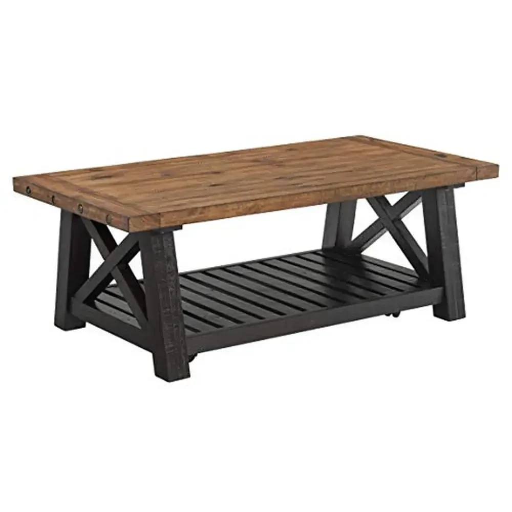 Solid Pine Coffee Table with Industrial Style X-Framed Legs and Shelf Black Stain/Natural Finish 50