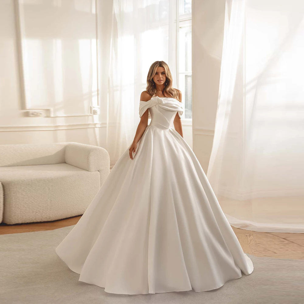 

High Quality Women Wedding Dresses Off Shoulder Satin A-Line Bridal Gowns Mopping Length Banquet Vestidos Para Mujer Customized