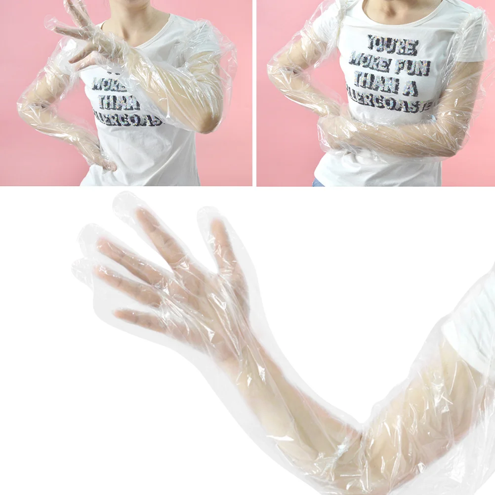 

10 Pairs Disposable Waterproof Long Arm Gloves PE Material Puncture Proof Oil Proof Hairdressing Beauty Home Use Extended Gloves
