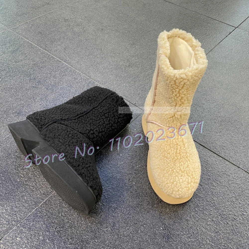 Beige Platform Wool Ankle Boots Women Trends Outfit Winter Warm Slouch Snow Shoes Female Haute Round Tip Luxury Pull On Boots