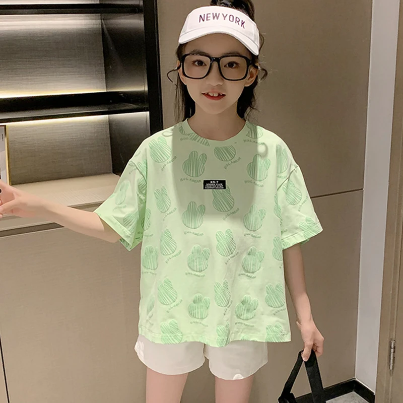 

2024 Summer Green Pink Girls T-shirt Cartoon Rabbit Short Sleeve O Neck T-shirt Korean Style Fashion Top Outdoor Sports Clothing