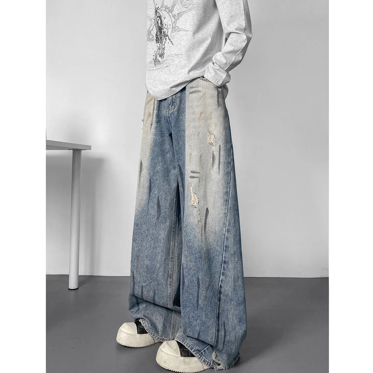 High Street Men's Distressed Straight Leg Jeans Autumn Winter Trendy Brand Washed out Wide Leg Pants Cool Design Sense