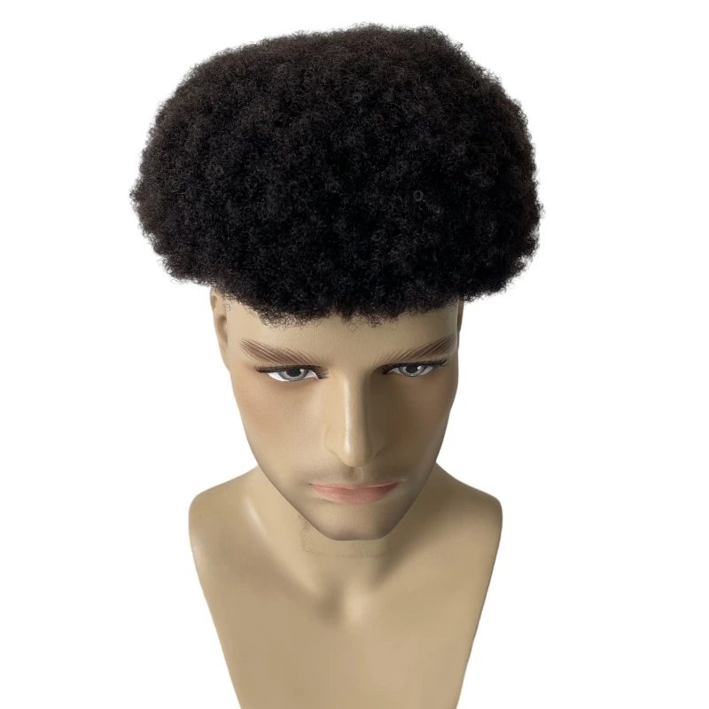 Reemplazo de cabello humano virgen brasileño # 1b, tupé de encaje completo Afro, negro Natural, 2mm, 8x10, Unidad de encaje duradera para hombres negros