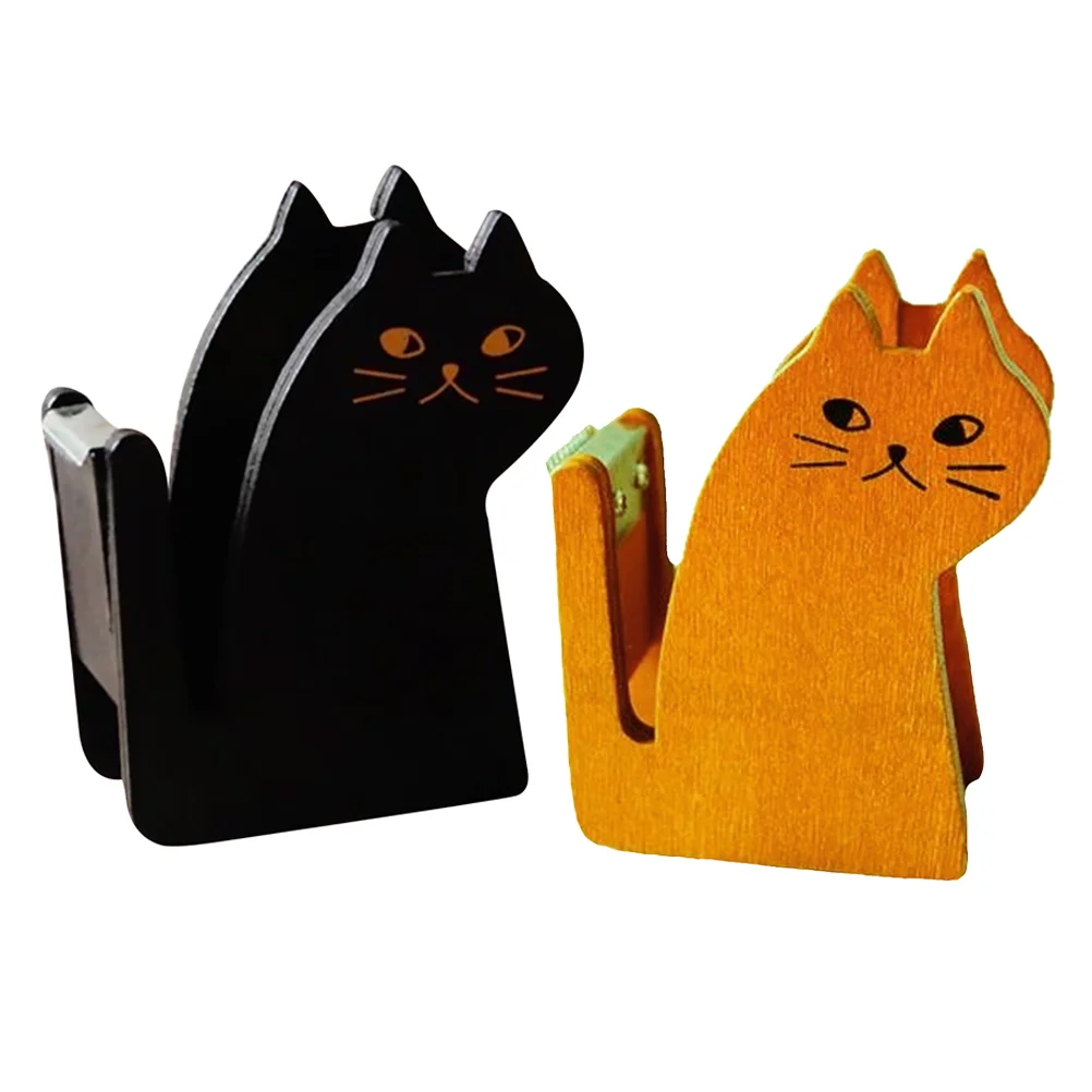 2 Pcs Cat Tape Holder Shaped Dispenser Lovely Tabletop Desktop Office Accessories Roller Wooden