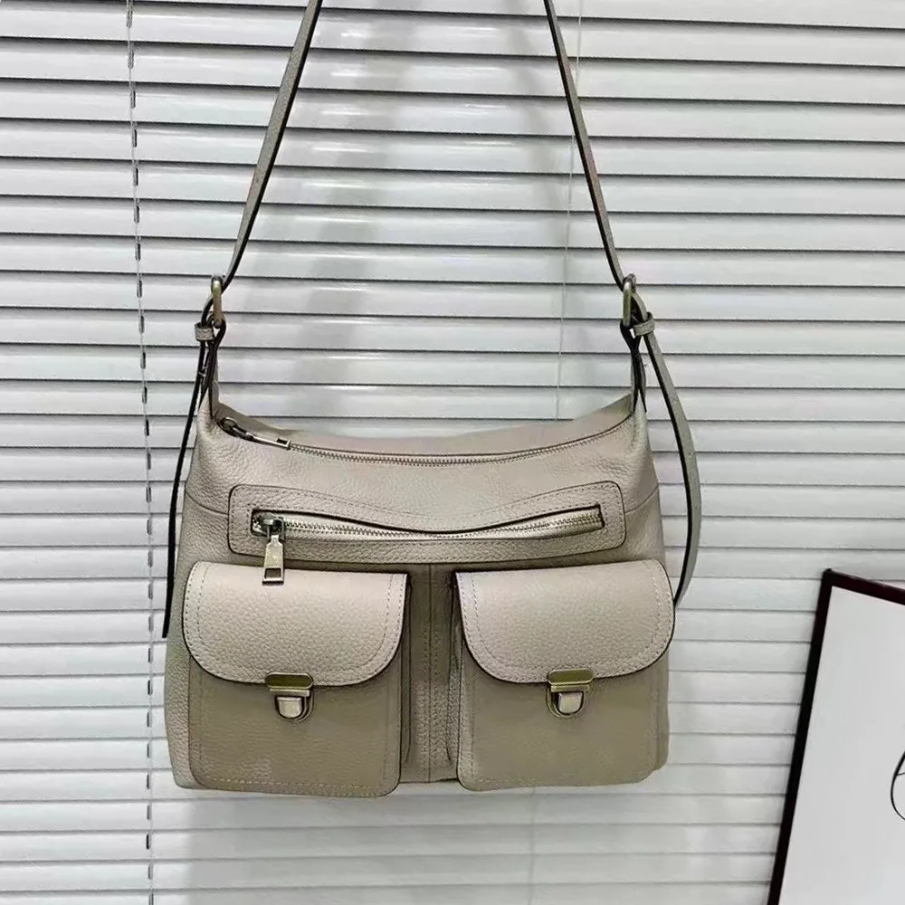 Multi-compartment Commuter Mailman Women Bag First Layer Cowhide Versatile Single Shoulder Underarm Messenger Bag Large Capacity
