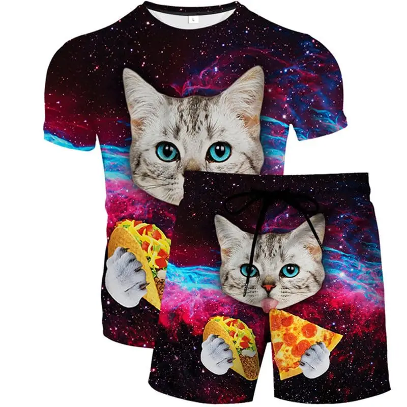 New Tracksuit Women/Men Space Cat 3D Print T-Shirt And Beach Board Shorts Set Fashion 2 Piece Set Streetwear Short Sleeve Suits
