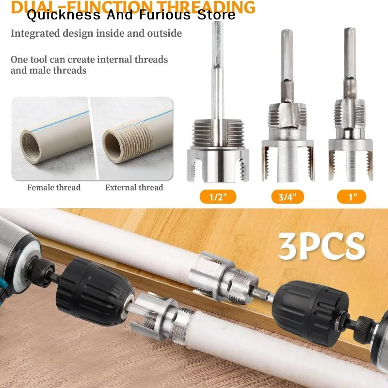 3Pcs Carbon Steel Heavy-Duty PVC/Plastic Pipe Threading Tool Kit with 1/2