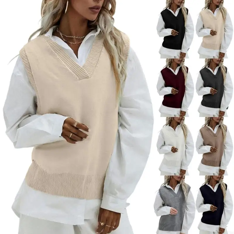 

77HE Women's V-neck sweater vest, sleeveless ribbed knit pullover, uniform camisole.