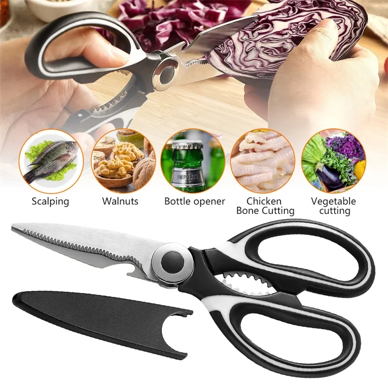 Stainless Steel Kitchen Scissors Multifunctional Household Chicken Bone Scissors With Lid Can Be Opened To Clip Walnuts