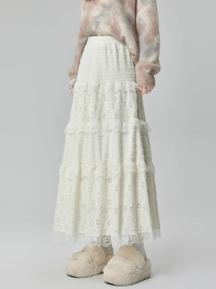 Baletowa Spódnica z Koronką i Wycięciami, Damska, Jesienno-Zimowa, Nowa, W Stylu Fairy, Spódnica T, Spódnica z Wysokim Stanem, Spódnica w Kształcie Litery A, Spódnica Tortowa