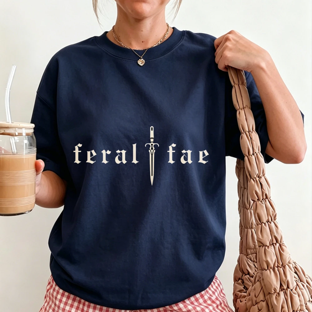 Minimal Feral Fae Print Tshirt Sword Dark Fantasy Acotar Graphic Short Sleeve Casual Weekend Reading Daily Wear Tee Cotton Tops