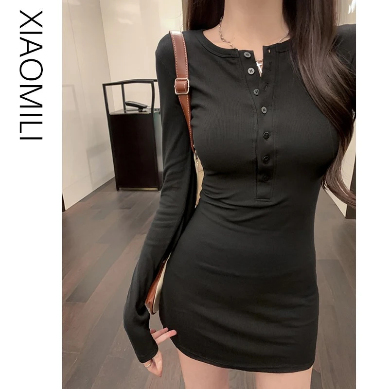 Pure Desire Sexy Long Sve Knitted Dr Women's Spring Sexy Slim Fit Inner Wear Base Skirt Waist Cinch A-Line ort Skirt