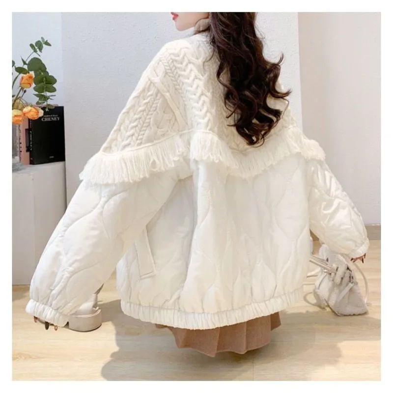 2024 New Fashion Tassel Spliced Knitted Cardigan Coat Women Autumn Winter Loose Lazy Style Sweater Jacket Female