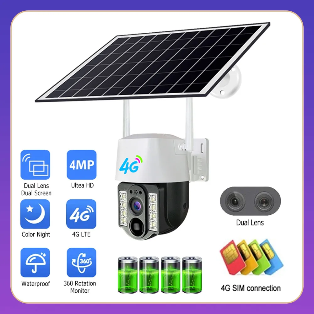 4G Camera 1080P Sim Outdoor Dual Lens PIR Human Detect Wireless Camara Powered Energy Waterproof CCTV Home Security Protection